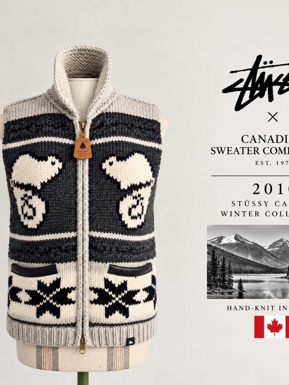 Stüssy x Canadian Sweater Co 2010 Hand Knit Cowichan Wool Deerskin Vest M